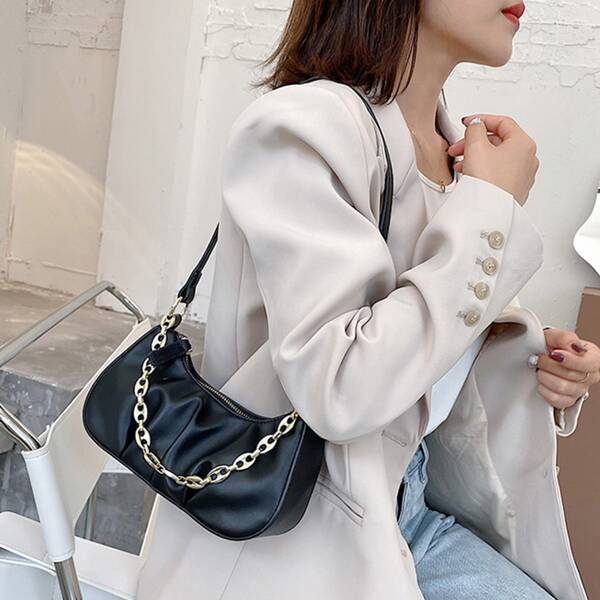 

Chain Decor Ruched Shoulder Bag, Black
