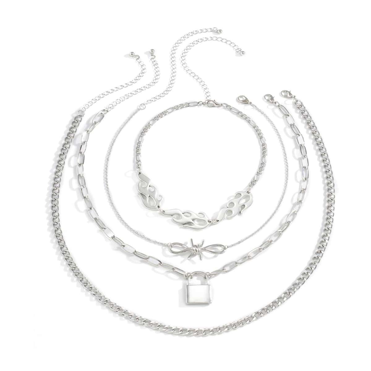 

4pcs Lock Decor Chain Necklace, Silver