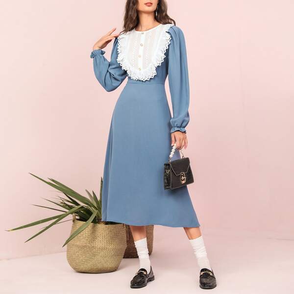 

Contrast Schiffy Puff Sleeve A-line Dress, Blue