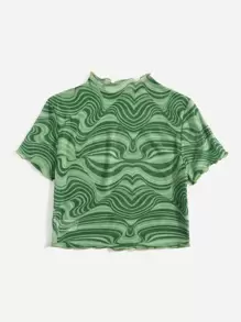 SHEIN EZwear 潑濺圖案木耳邊網紗上衣 - 綠色 - 查看 2