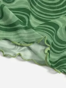 SHEIN EZwear 潑濺圖案木耳邊網紗上衣 - 綠色 - 查看 3