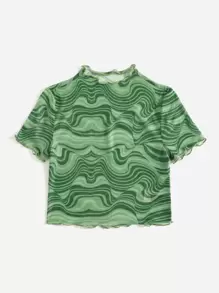 SHEIN EZwear 潑濺圖案木耳邊網紗上衣 - 綠色 - 查看 4