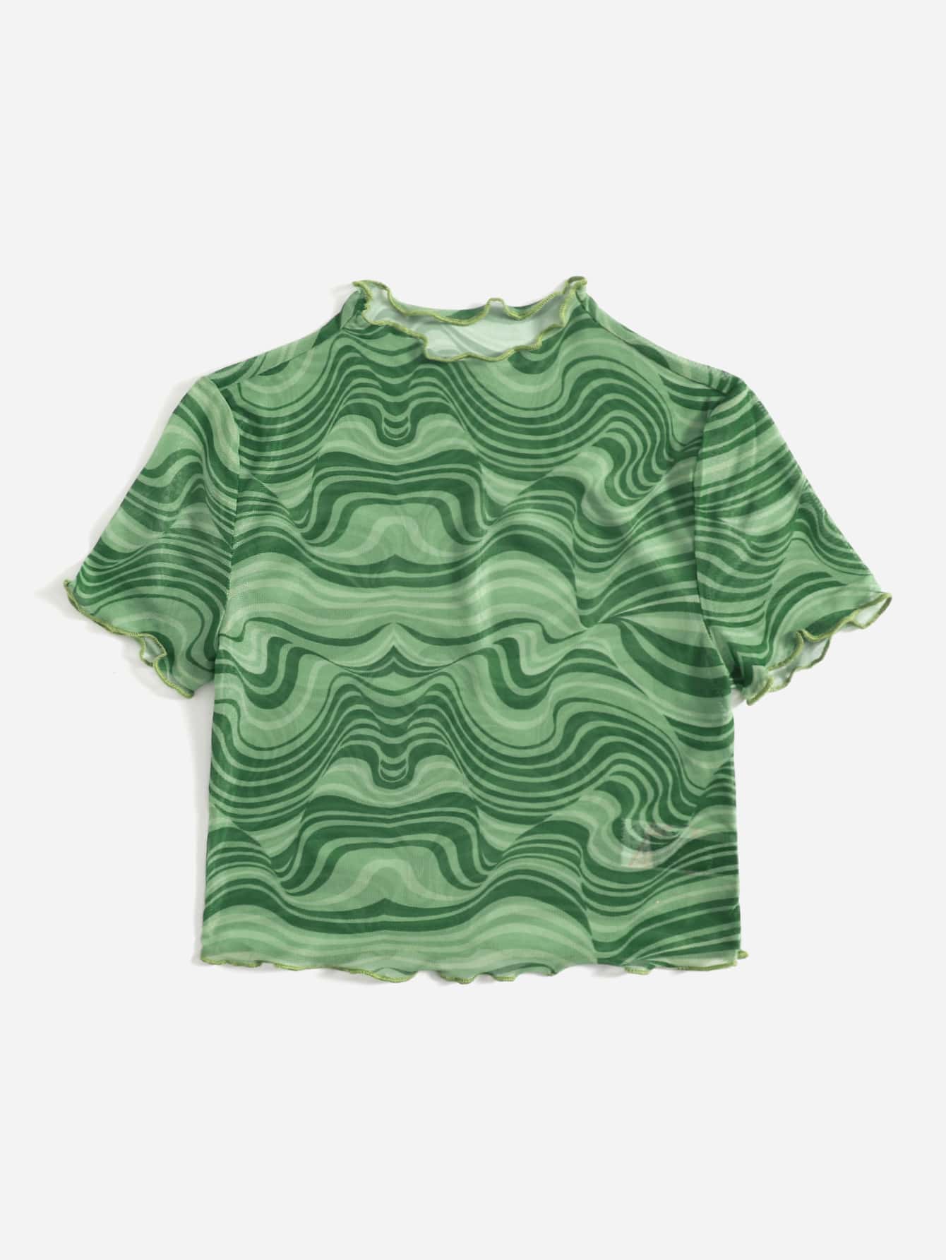 SHEIN EZwear Summer Concert Outfit Star Print Lettuce Trim Mesh Bodycon Top - Green - View 4