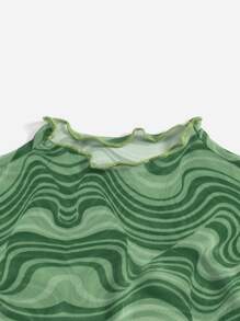 SHEIN EZwear 潑濺圖案木耳邊網紗上衣 - 綠色 - 查看 5
