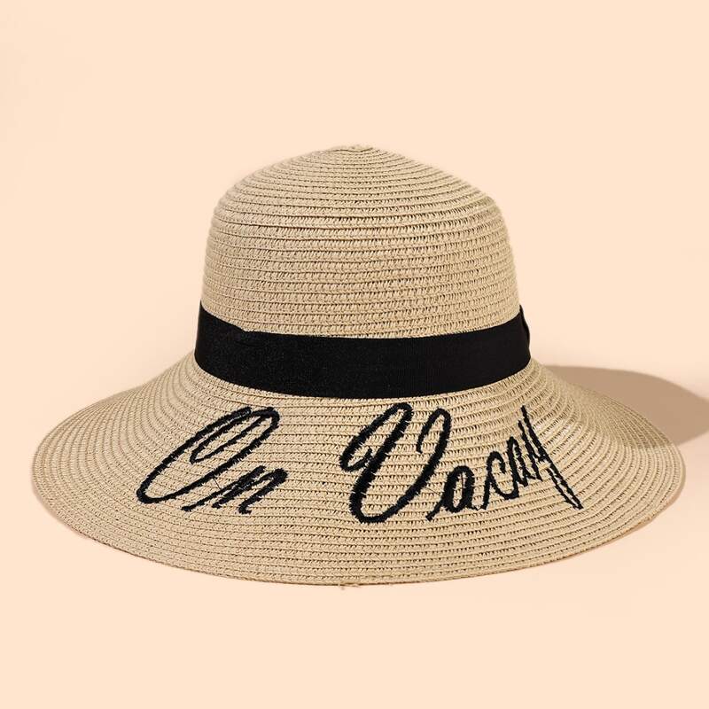 Letter Embroidery Straw Hat, Beige