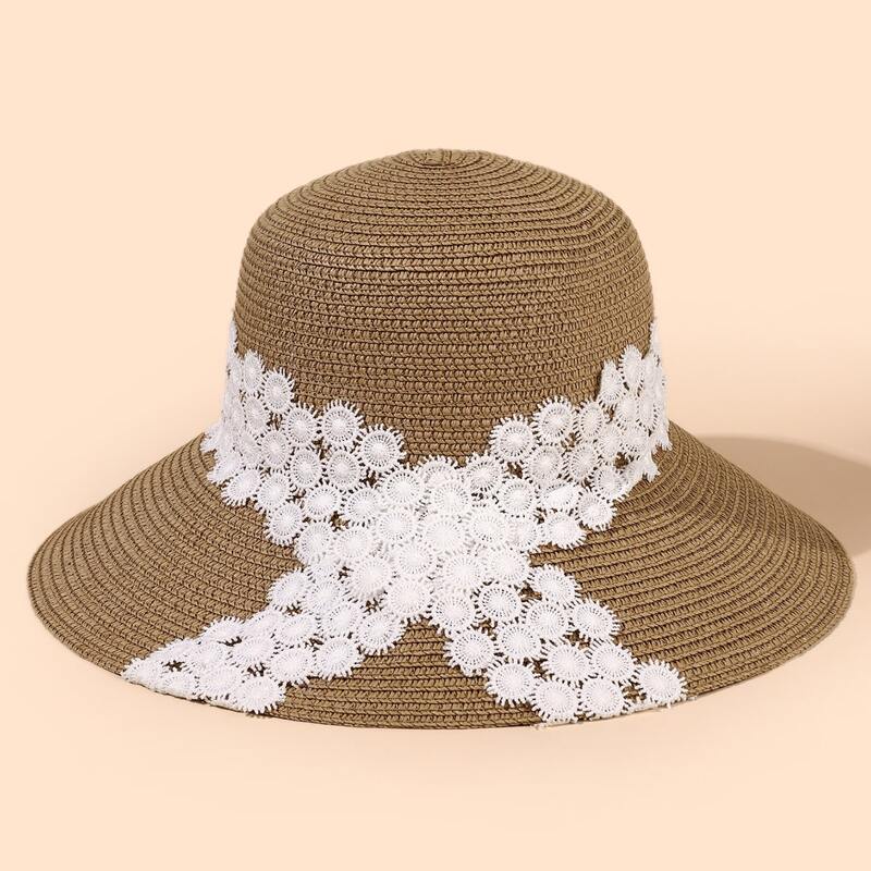

Guipure Lace Decor Straw Hat, Brown