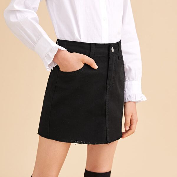

Girls Zipper Fly Raw Hem Denim Skirt, Black