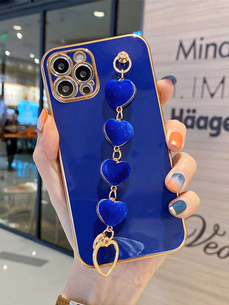 件 TPU 純色電鍍邊緣毛絨心形裝飾手機殼帶手帶兼容 Iphone - 藍色 - 查看 1