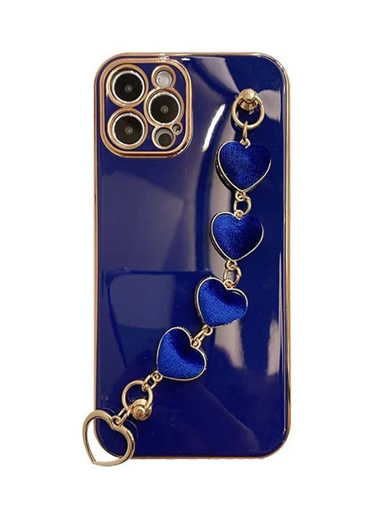 1pc Tpu Solid Color Plating Edging Plush Heart Decor Phone Case With Hand Strap Compatible With Iphone