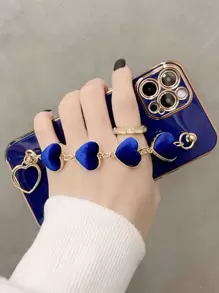 件 TPU 純色電鍍邊緣毛絨心形裝飾手機殼帶手帶兼容 Iphone - 藍色 - 查看 3