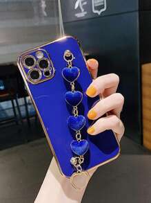 件 TPU 純色電鍍邊緣毛絨心形裝飾手機殼帶手帶兼容 Iphone - 藍色 - 查看 4