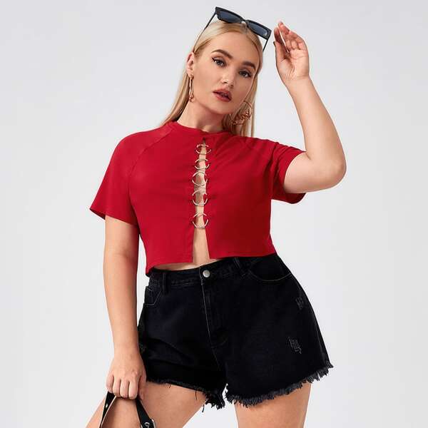 

Plus O-ring Front Mock Neck Raglan Sleeve Top, Red