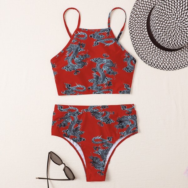 

Chinese Dragon Print Bikini Swimsuit, Multicolor