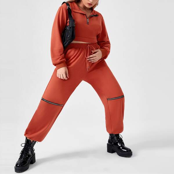 

Plus Half Zip Sweatshirt & Drawstring Sweatpants, Orange