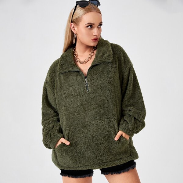 

Plus Kangaroo Pocket Half Zip Flannel Sweatshirt, Army green