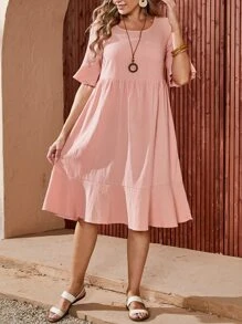 Vestido De Estilo Babydoll Con Cuello De Cuchara Y Dobladillo Con Volantes - Rosa Pálido - Ver 1