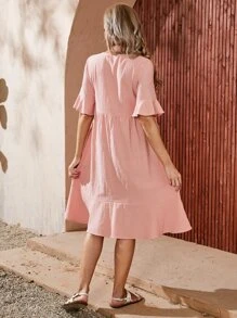 Vestido De Estilo Babydoll Con Cuello De Cuchara Y Dobladillo Con Volantes - Rosa Pálido - Ver 2