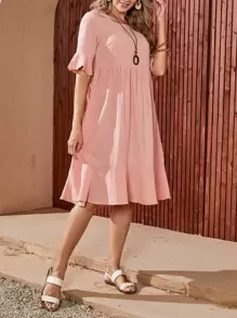 Vestido De Estilo Babydoll Con Cuello De Cuchara Y Dobladillo Con Volantes - Rosa Pálido - Ver 3