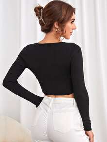 Sweetheart Neck Ribbed Knit Crop Jumper - Black - View 2