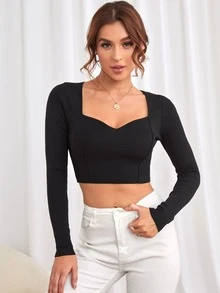 Sweetheart Neck Ribbed Knit Crop Jumper - Black - View 5