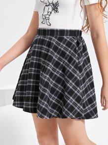 SHEIN 青少年女孩格紋印花A字半身裙