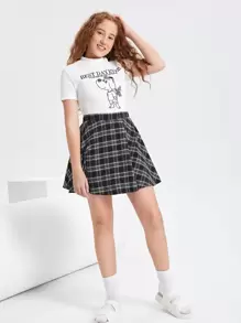 SHEIN 青少年女孩格紋印花A字半身裙