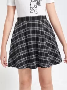 SHEIN 青少年女孩格紋印花A字半身裙