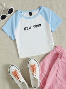 SHEIN Camiseta tipo béisbol con estampado de letra - Azul y blanco - Ver 1