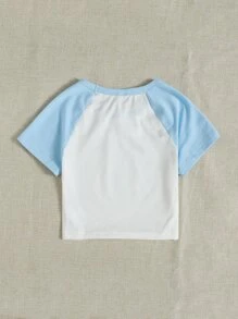 SHEIN Camiseta tipo béisbol con estampado de letra - Azul y blanco - Ver 2