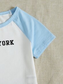SHEIN Camiseta tipo béisbol con estampado de letra - Azul y blanco - Ver 3