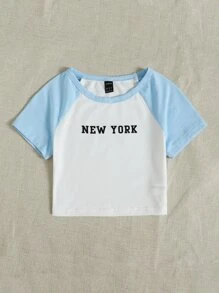 SHEIN Camiseta tipo béisbol con estampado de letra - Azul y blanco - Ver 5