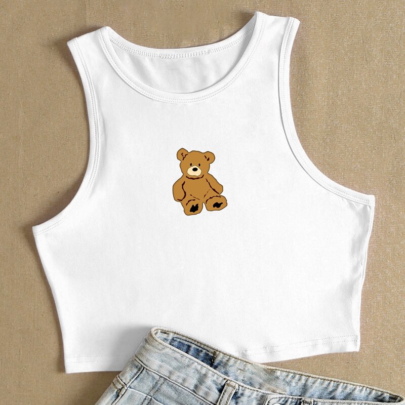 

Cartoon Bear Graphic Crop Tank Top, White