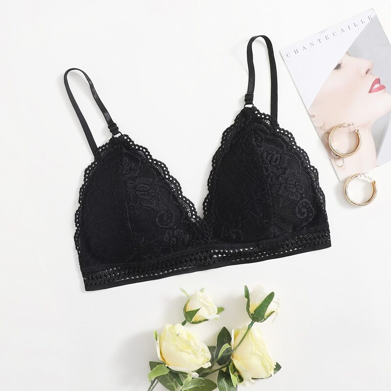 

Scallop Trim Lace Bra, Black