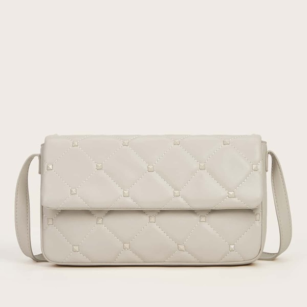 

Studded Decor Quilted Shoulder Bag, Beige