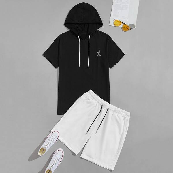 

Men Letter Graphic Drawstring Hooded Tee With Track Shorts, Black and white