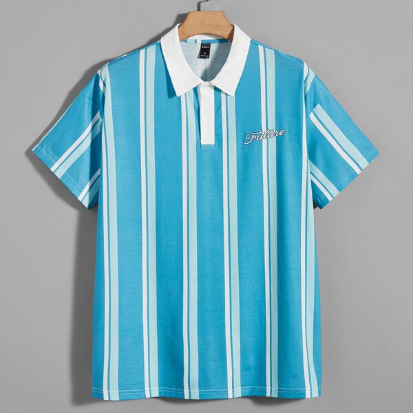 

Men Striped Print Letter Embroidery Contrast Collar Polo Shirt, Multicolor
