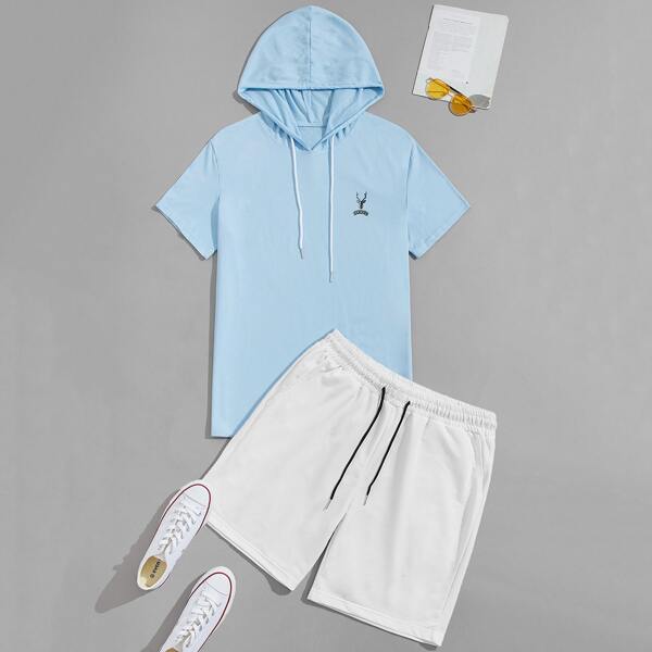 

Men Letter Graphic Drawstring Hooded Tee With Track Shorts, Blue and white