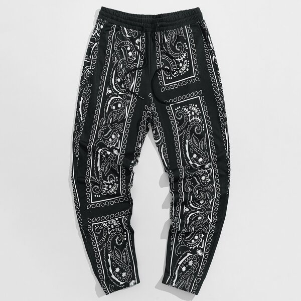 

Men Paisley Print Drawstring Waist Sweatpants, Black and white