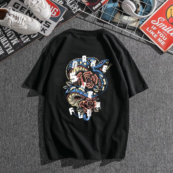

Men Snake And Flower Print Tee, Black