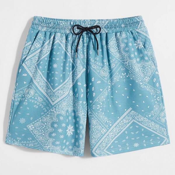 

Men Drawstring Waist Paisley Shorts, Blue