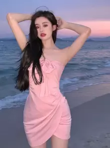 帶鬱金香下擺洋裝 - 粉色 - 查看 1