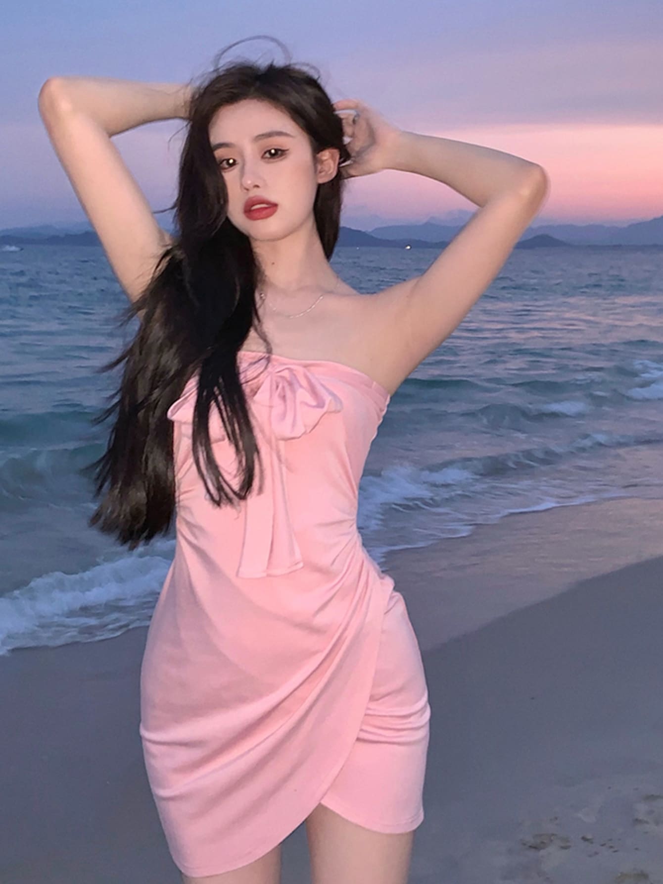 帶鬱金香下擺洋裝 - 粉色 - 查看 1