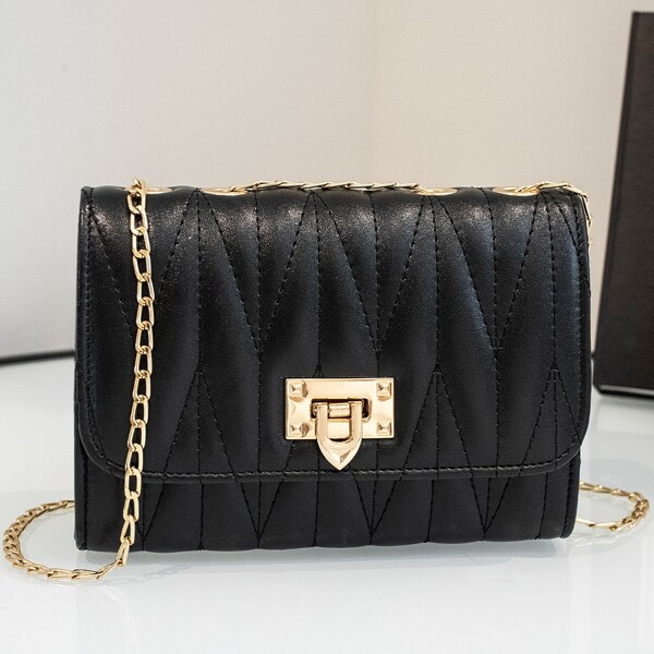 

Metal Decor Quilted Chain Shoulder Bag, Black