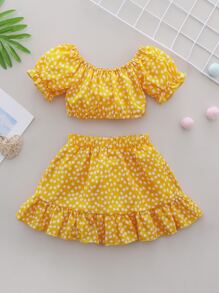 女嬰小碎花上衣和半身裙 - 黃色 - 查看 1