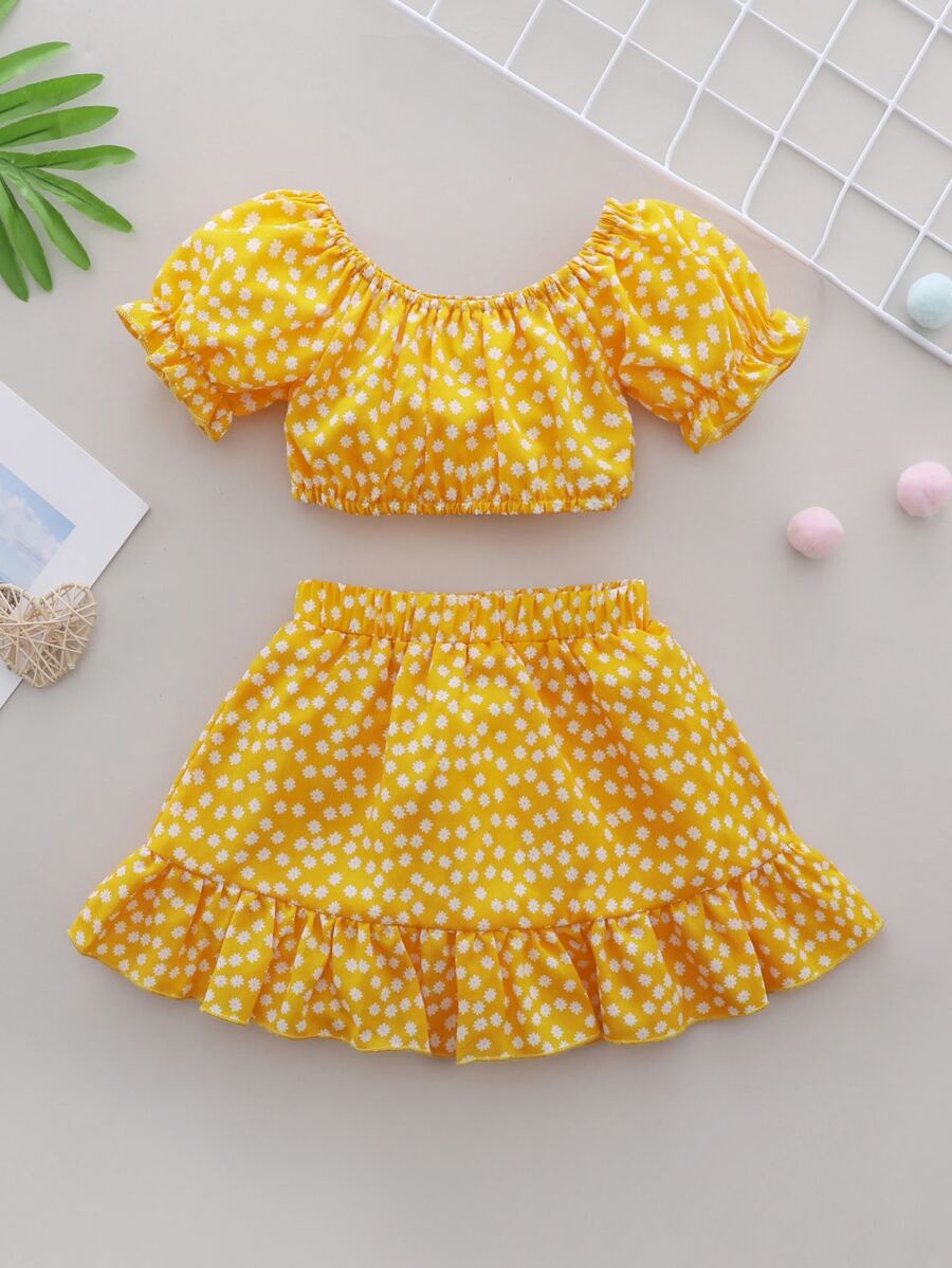 女嬰小碎花上衣和半身裙 - 黃色 - 查看 1