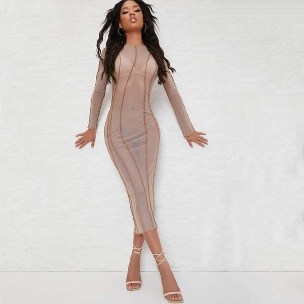 

Sheer Mesh Contrast Stitch Long Sleeve Maxi Dress, Apricot