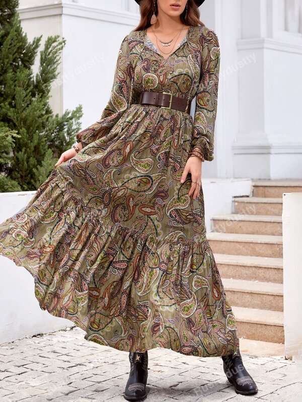 Rusttydustty Woman Floral V-Neck Long Sleeve Elegant Dress Normal Leisure Ou Vacation New Year Music Festival