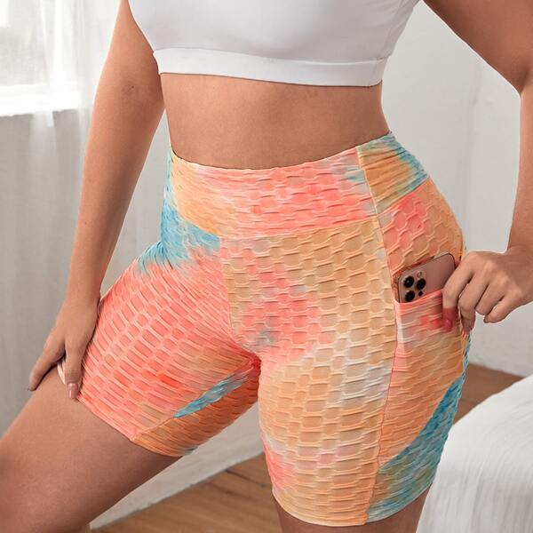 

Plus Tie Dye Textured Sports Shorts & Phone Pocket, Multicolor