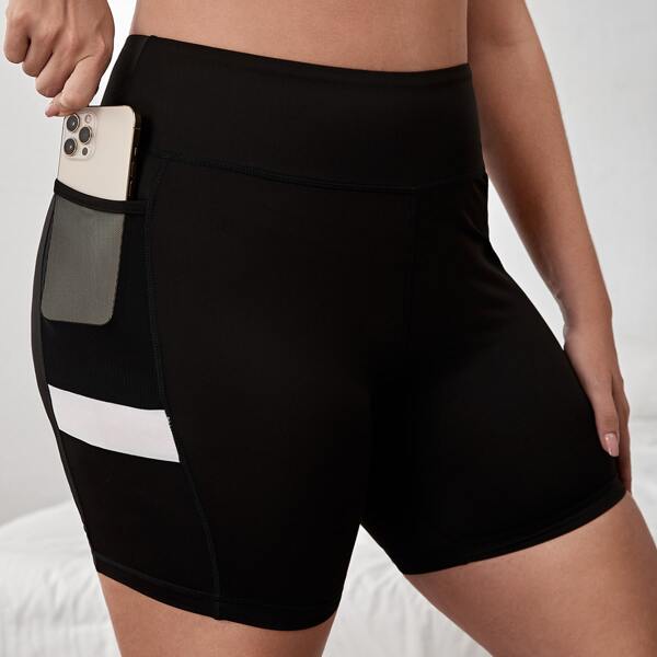 

Plus Contrast Panel Sports Biker Shorts With Phone Pocket, Black
