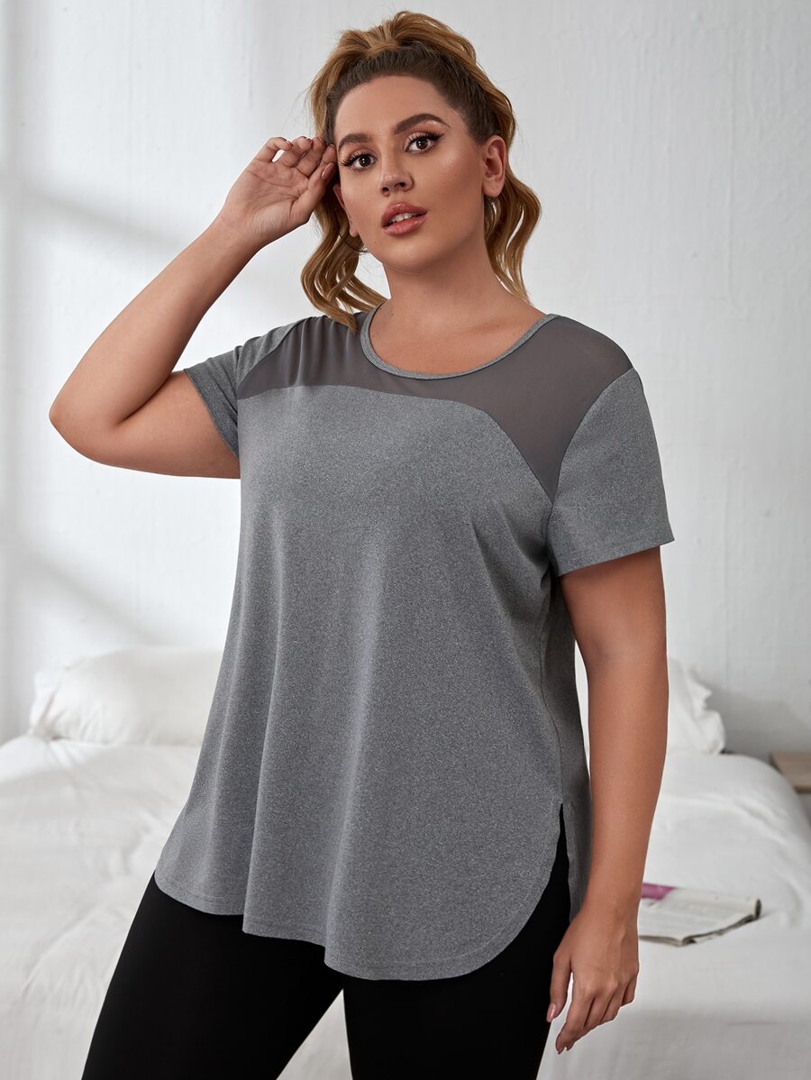 Gameset SHEIN Sport Áo thể thao Plus Size Tương phản Mesh màu trơn - Xám - Xem 1